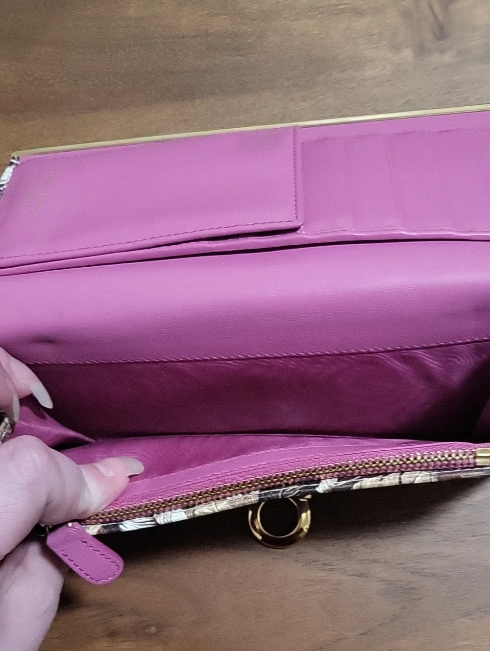 Salvatore Ferragamo Feather Print Leather Wallet in Brown, Pink & Cream - Picture 13 of 16